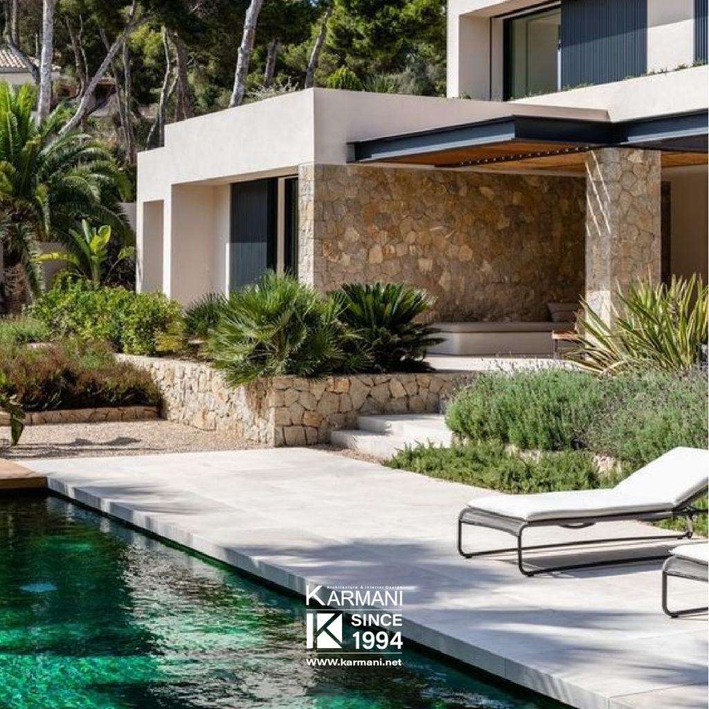 چرا سبک مدیترانهای همچنان در طراحی ویلاها محبوب است؟ | گروه معماری کارمانی 1. سنگ طبیعی (سنگ آهک و مرمر)
