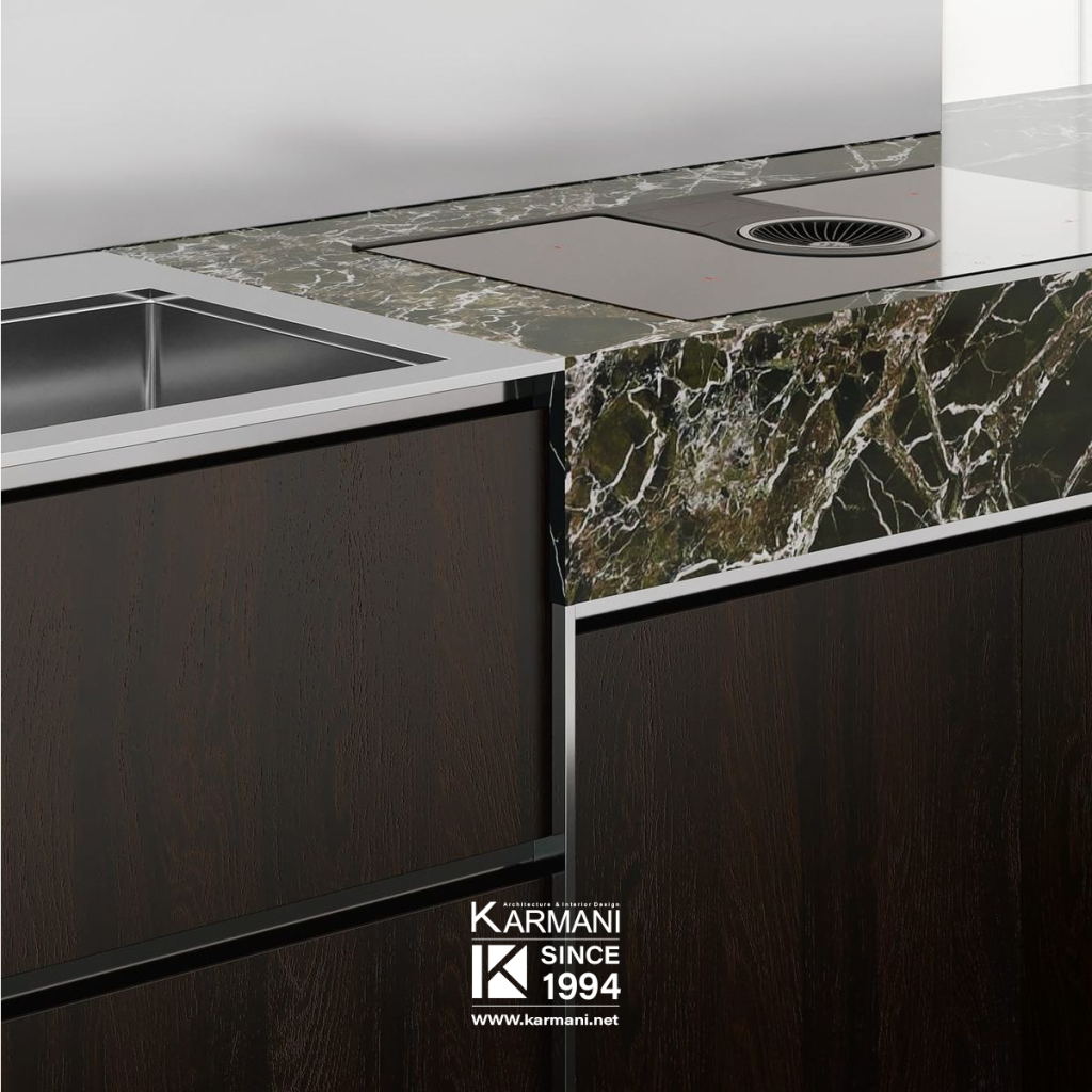 مدرنترین انتخابها برای قلب خانه؛ آپشنهای تازه در طراحی آشپزخانههای ۲۰۲۵ | گروه معماری کارمانی ۲. انتخاب متریالهای مدرن و با کیفیت