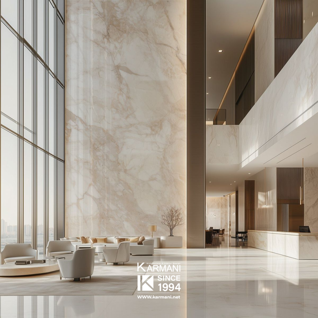 لابی ساختمانهای مدرن: از مفاهیم معماری تا جزئیات دکوراتیو | گروه معماری کارمانی دیوارهها: ترکیب استحکام و زیبایی