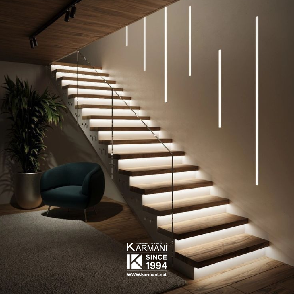 پلهها به عنوان نقطه کانونی دکوراسیون: انتخاب و طراحی پلههای خاص | گروه معماری کارمانی 6. نقش نورپردازی در طراحی پلهها