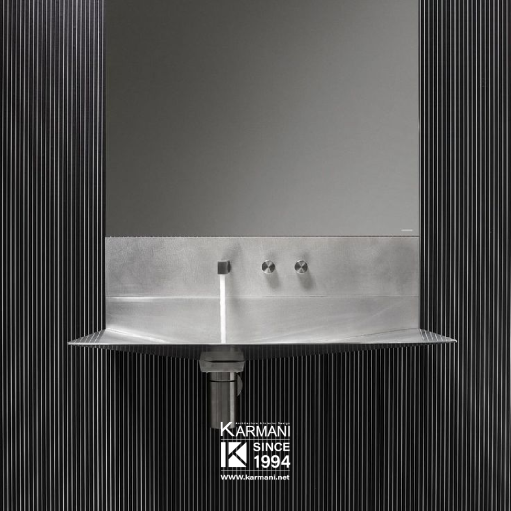 انتخاب روشویی مناسب در دکوراسیون سرویس بهداشتی؛ ترکیب متریال، فرم و فضا | گروه معماری کارمانی 5. فلز: مدرن و صنعتی