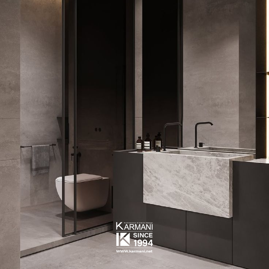 انتخاب روشویی مناسب در دکوراسیون سرویس بهداشتی؛ ترکیب متریال، فرم و فضا | گروه معماری کارمانی 4. رنگهای تیره: عمق و تاثیرگذاری بیشتر