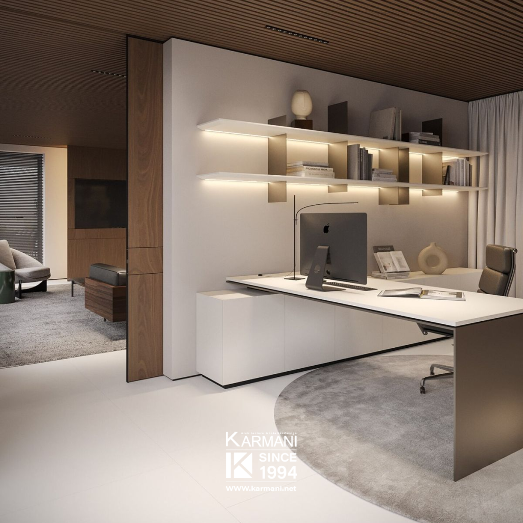 طراحی هومآفیس در دکوراسیون داخلی؛ توازن میان کار و زندگی | گروه معماری کارمانی ۱. چوبهای طبیعی با پرداخت حرارتی (Thermowood)