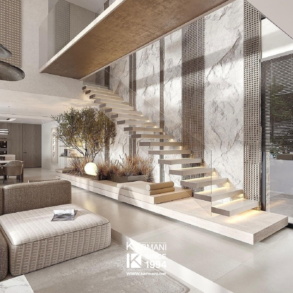 پلههای معلق؛ ترکیبی از مهندسی دقیق و زیبایی بصری در طراحی داخلی | گروه معماری کارمانی 1327 01