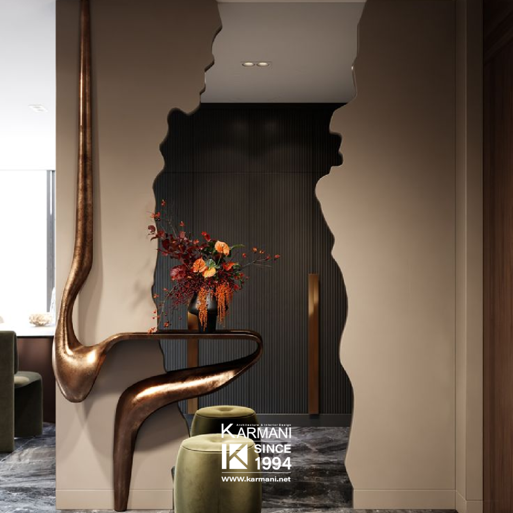 8 متریال نوآورانه در دکوراسیون داخلی: معرفی جدیدترین انتخابها برای طراحی فضاهای مدرن | گروه معماری کارمانی 6.آیینهکاری: ترکیب هنر و طراحی در دکوراسیون داخلی مدرن